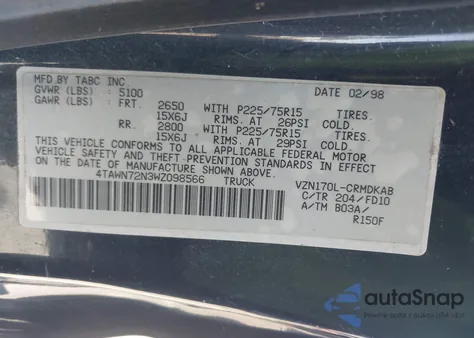 1998 Toyota Tacoma Base V6 из США, поврежденный, VIN 4TAWN72N3WZ098566